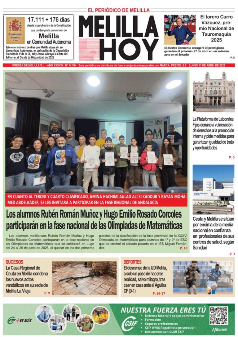Portada del periódico Melilla Hoy del 13 de abril de 2026