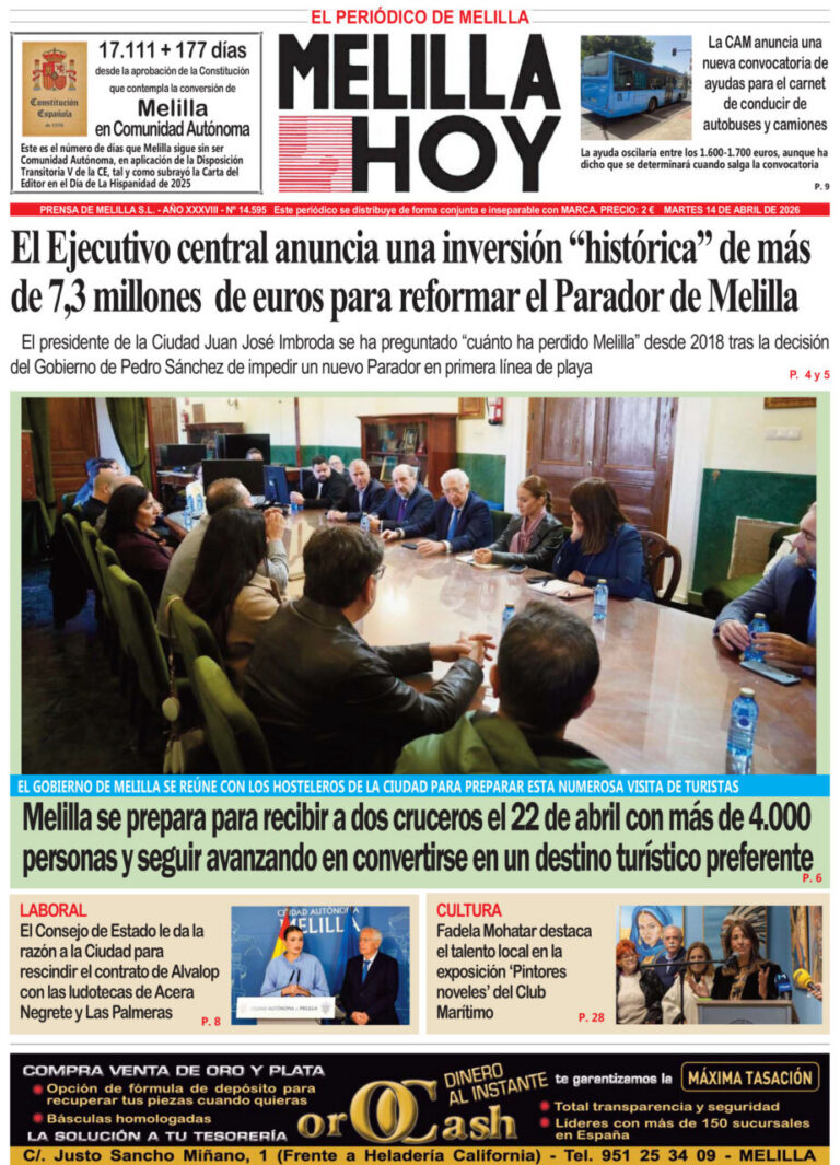 Portada del periódico Melilla Hoy del 14 de abril de 2026 con noticias locales.