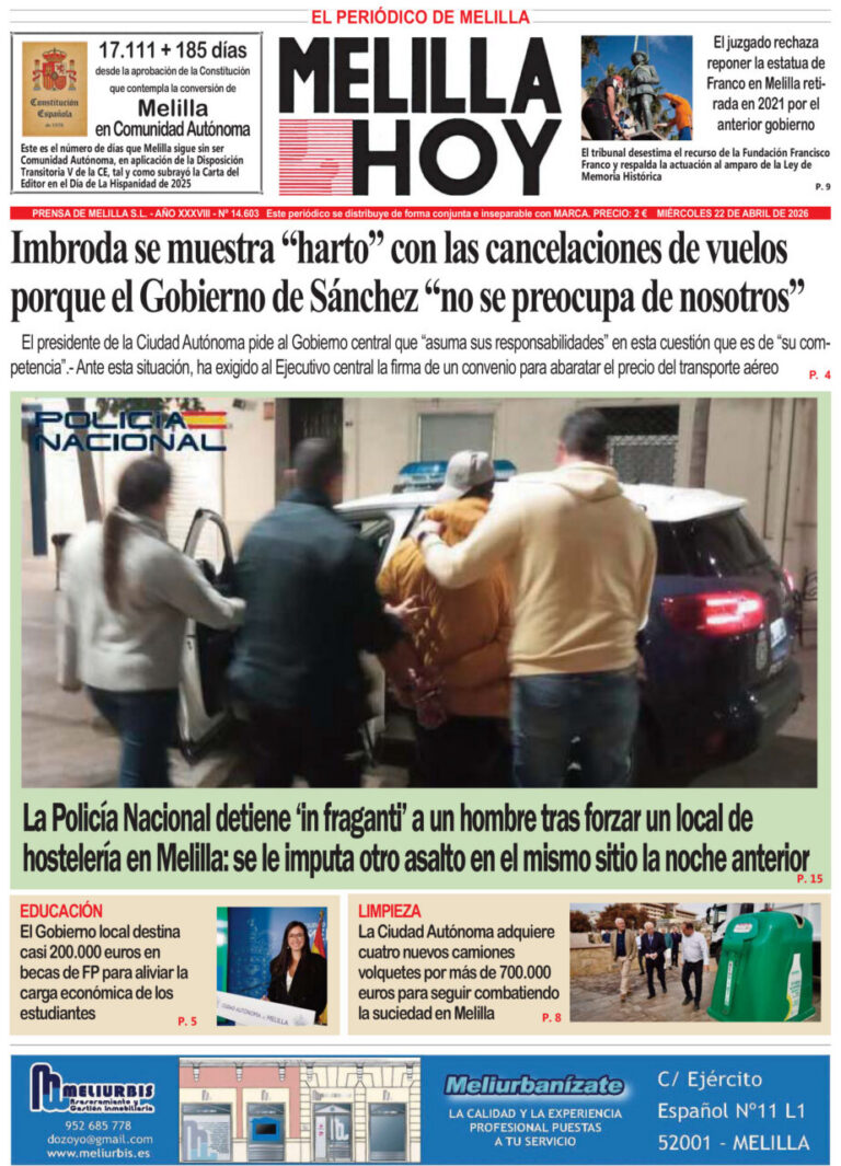 Portada del periódico Melilla Hoy del 22 de abril de 2026