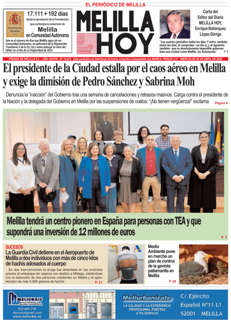 Portada del periódico Melilla Hoy del 29 de abril de 2026