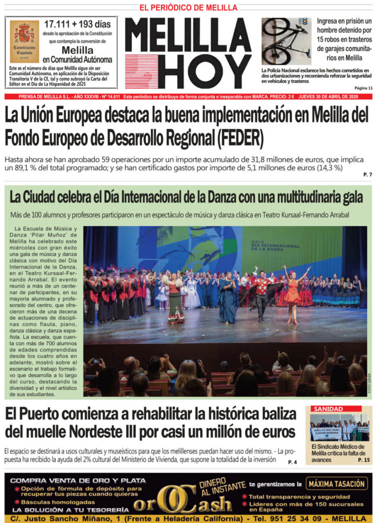 Portada del periódico Melilla Hoy del 30 de abril de 2026