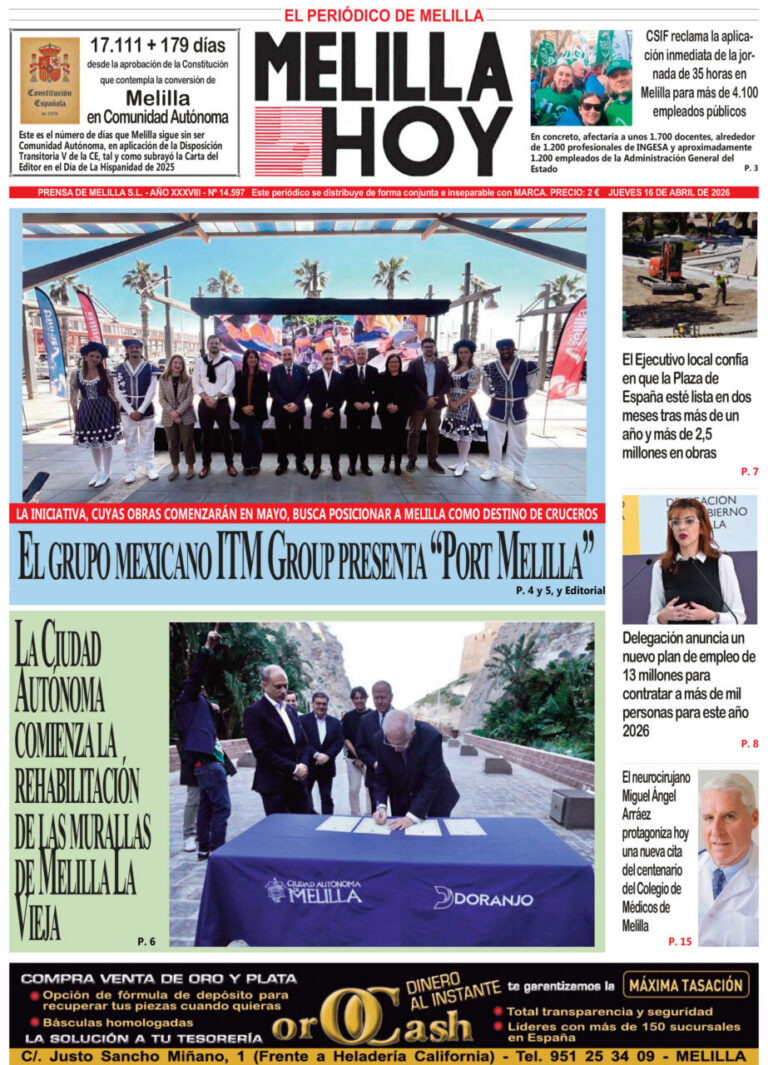 Portada del periódico Melilla Hoy del 16 de abril de 2026