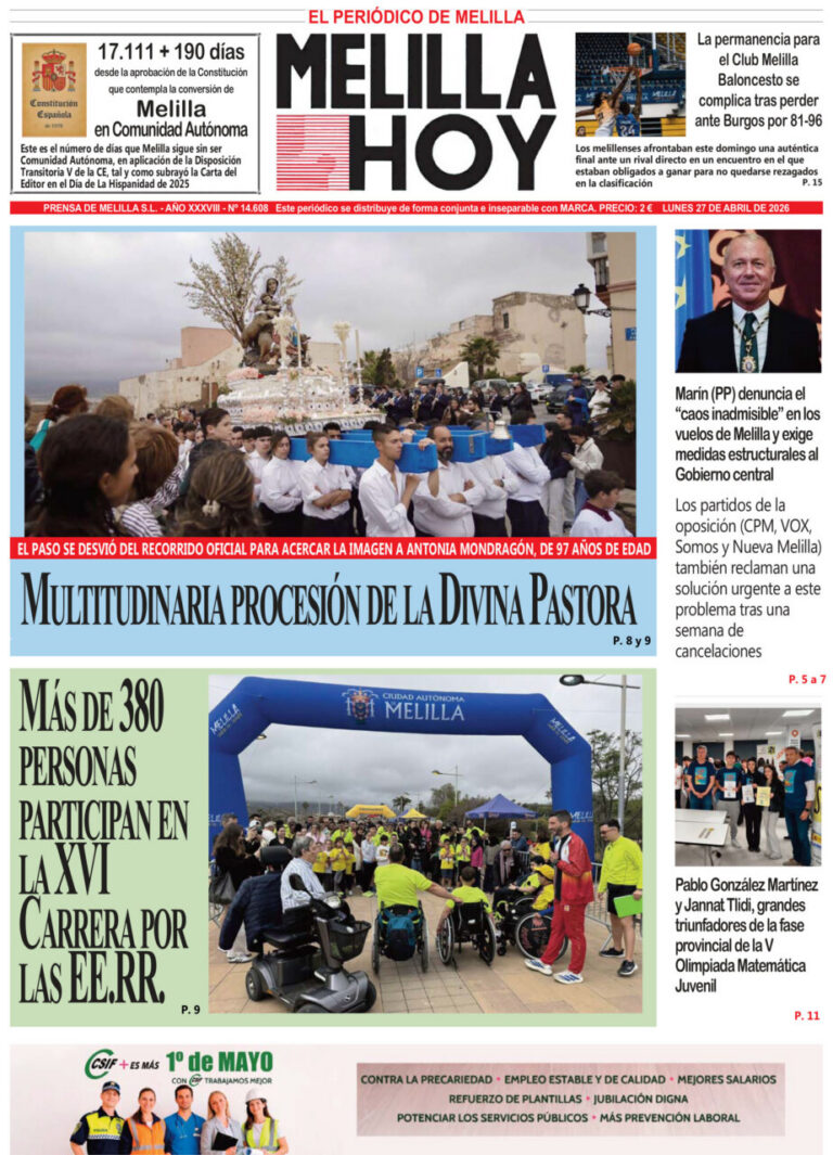 Portada del periódico Melilla Hoy del 27 de abril de 2026