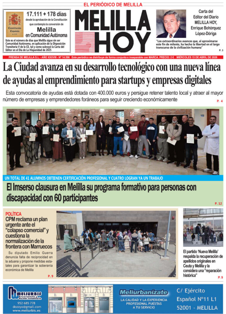 Portada del periódico Melilla Hoy del 15 de abril de 2026