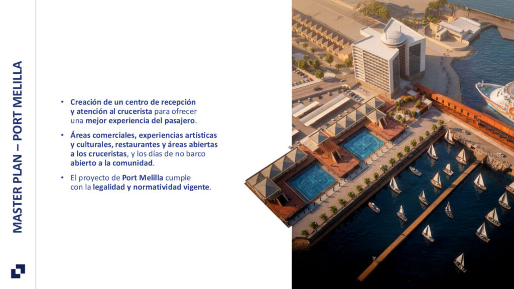 Presentación del proyecto Port Melilla con detalles arquitectónicos y áreas recreativas.