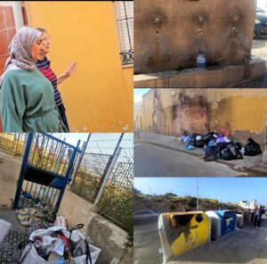 Mujeres discutiendo sobre la basura en la calle y contenedores