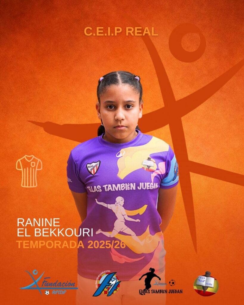 Poster of a young girl in a purple soccer jersey against an orange background; shows the 2025/26 season and the name Ranine El Bekouri.
