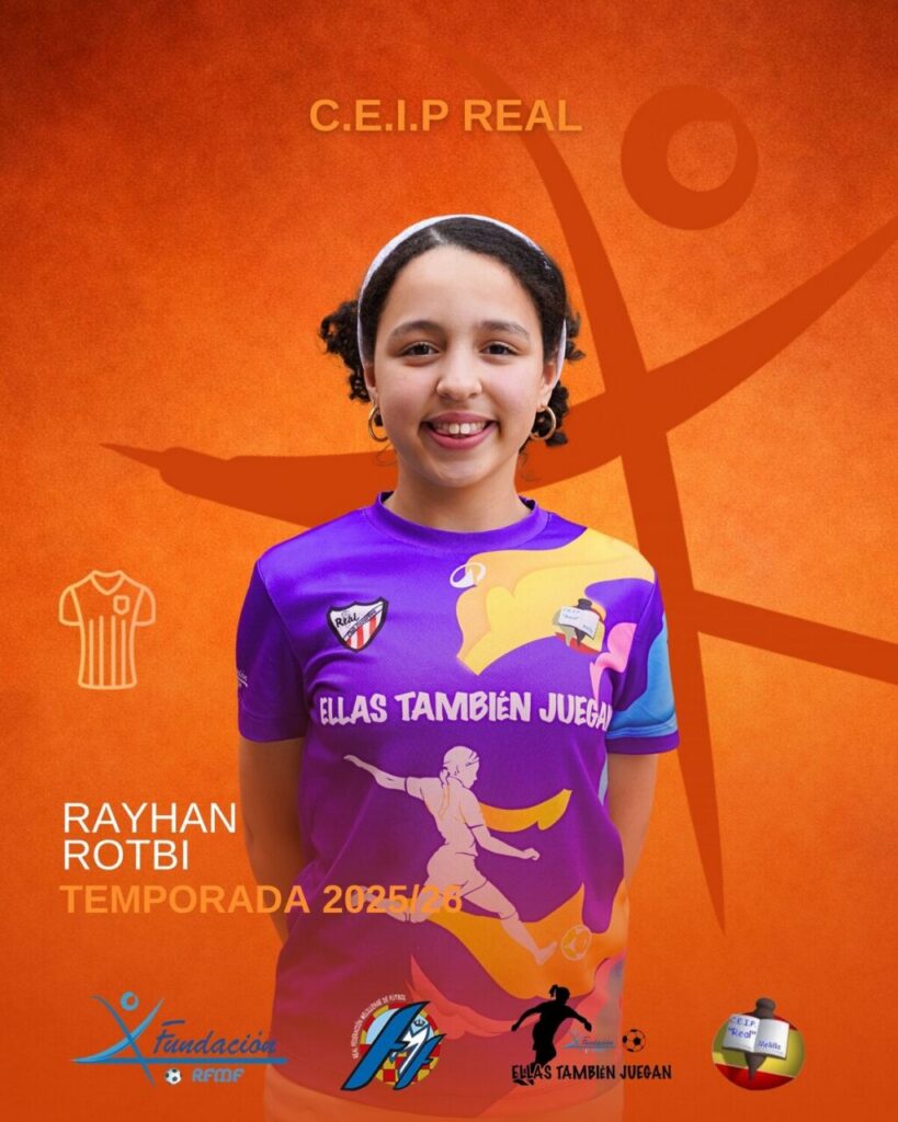 Portrait of Rayhan Rotbi, a young footballer, in a purple jersey with 'Ellas También Juegan' against an orange background with logos and season text 2025/26.