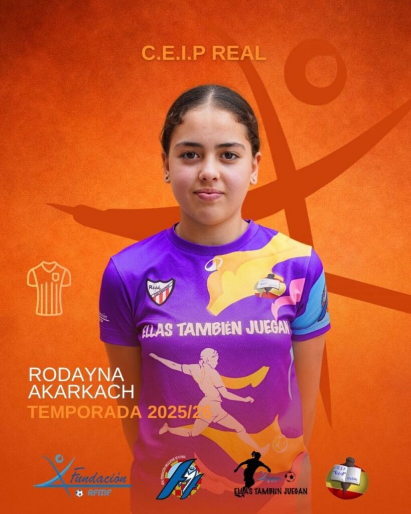 Portrait of Rodayna Akarkach in a purple jersey for the 2025/26 season on an orange background with team logos and text overlay.