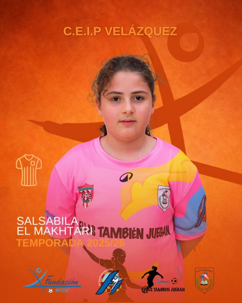 Portrait of a young girl in a pink sports jersey standing against an orange backdrop with team logos and text for the 2025/26 season (Salsabila El Makhtari).