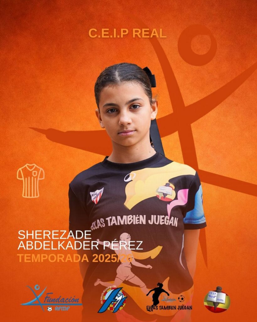 Portrait of a young girl in a colorful sports jersey against an orange background, promoting Sherezade Abdelkader Pérez for the 2025/26 season.