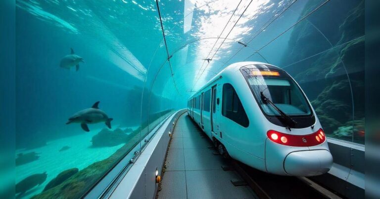 Túnel submarino con tren en un entorno marino con delfines nadando.