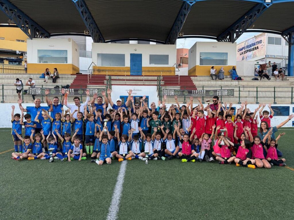 Youth soccer team photo: groups of kids in blue and pink uniforms cheer with raised hands and trophies on a green field stadium backdrop.