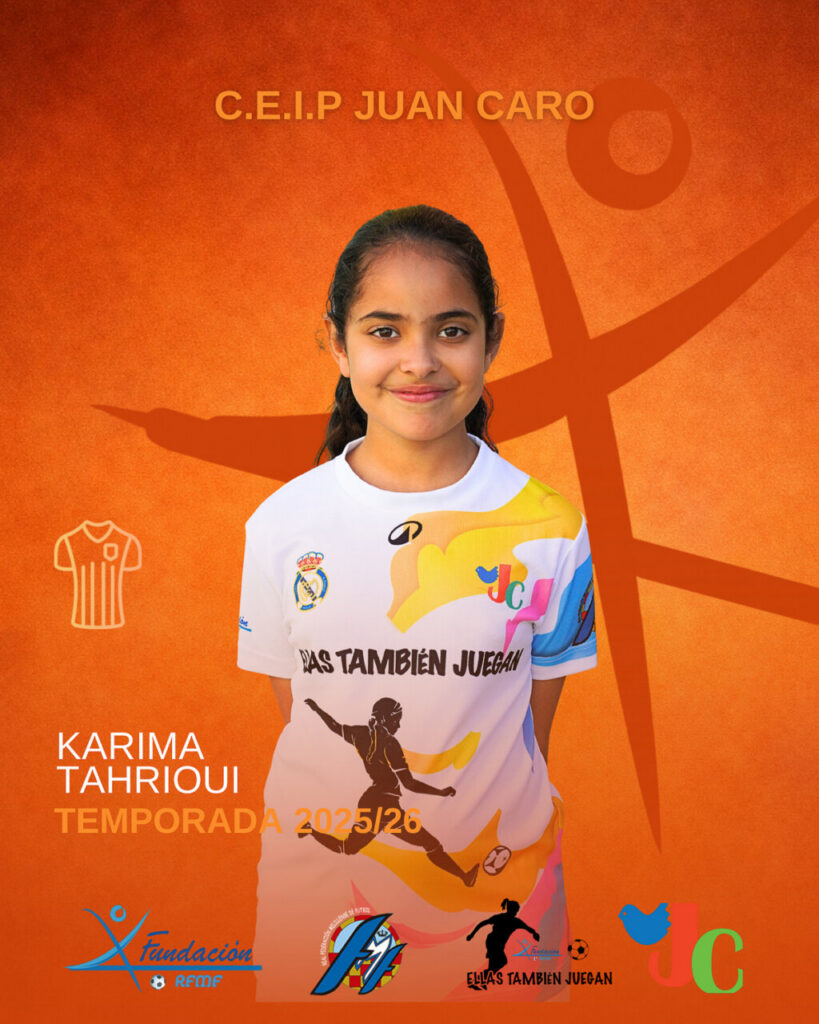 Portrait of Karima Tahrioui in a white soccer jersey on an orange promotional poster for the 2025/26 season.