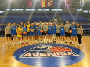 Basketball team posing on a wooden court in blue uniforms with a large Avenida logo on the floor.