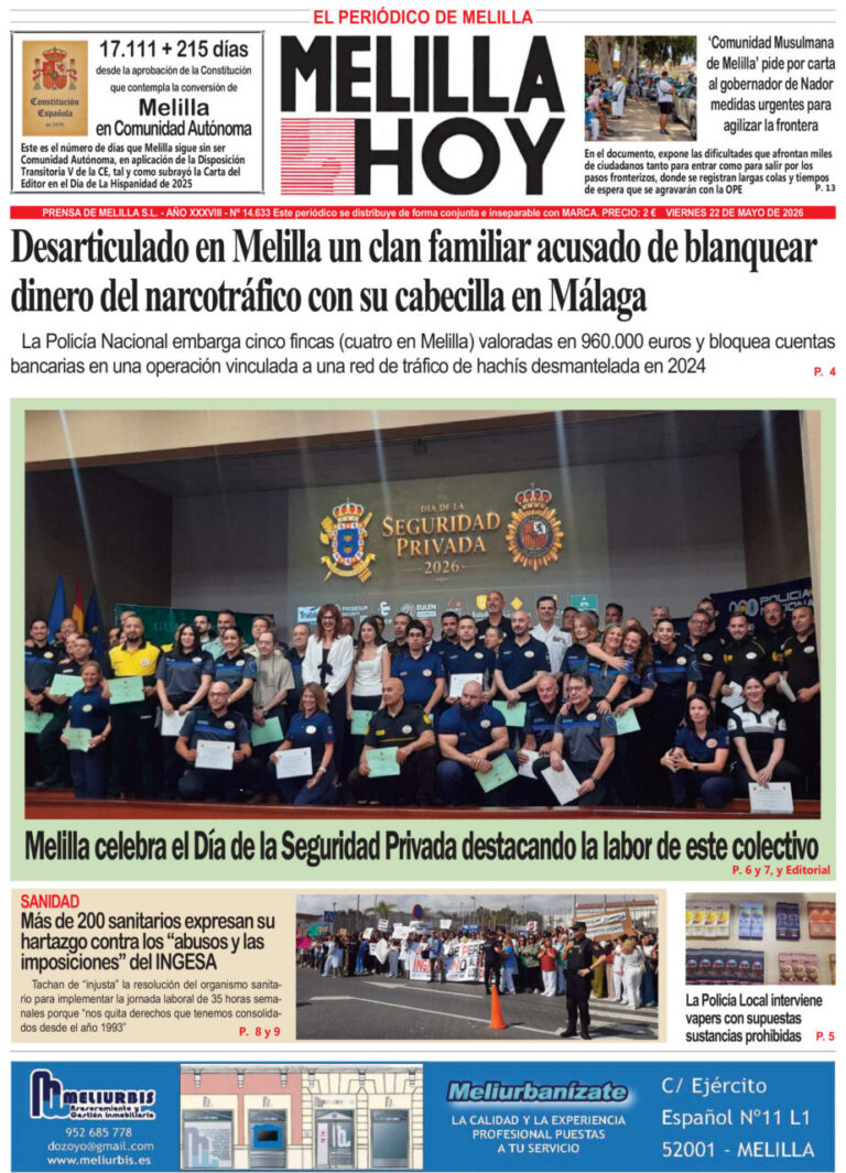 Portada del diario Melilla Hoy del 22 de mayo de 2026