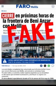 Screenshot of a news article about the Beni Anzar border closure with a large red 'FAKE' watermark across it, signaling misinformation.