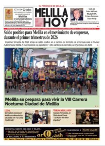 Front page of Melilla Hoy showing a large group of runners at the start of the VIII Carrera Nocturna Ciudad de Melilla; main headline notes a positive balance for Melilla in early 2026.