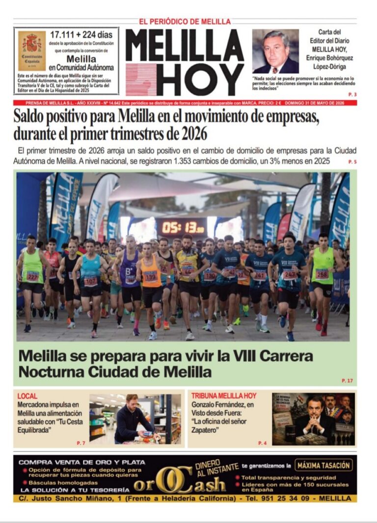 Front page of Melilla Hoy showing a large group of runners at the start of the VIII Carrera Nocturna Ciudad de Melilla; main headline notes a positive balance for Melilla in early 2026.