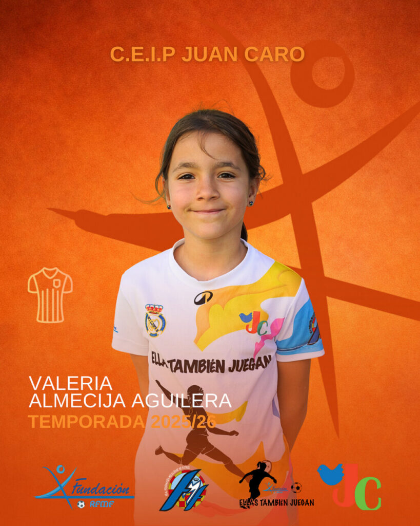 Portrait of a smiling girl in a colorful sports jersey on an orange poster, with the name Valeria Almecija Aguilera and the 2025/26 season text visible.