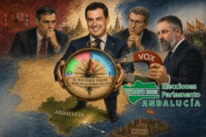 Ilustración sobre elecciones en Andalucía con líderes políticos y un compás
