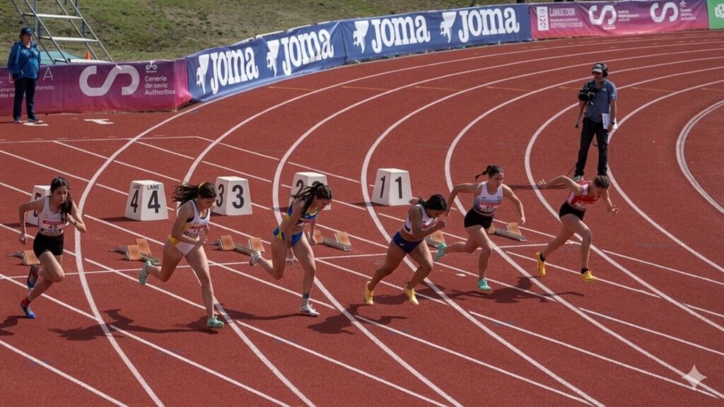 Six female sprinters race on a red outdoor track, belting off from their blocks with a cameraman watching in the background