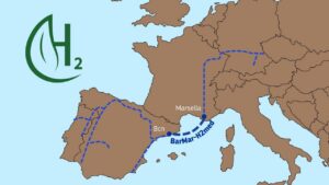 Map of southwestern Europe highlighting a blue dashed hydrogen corridor from Barcelona to Marseille along the Mediterranean (BarMar-H2med). A green H2 logo is shown on the left.