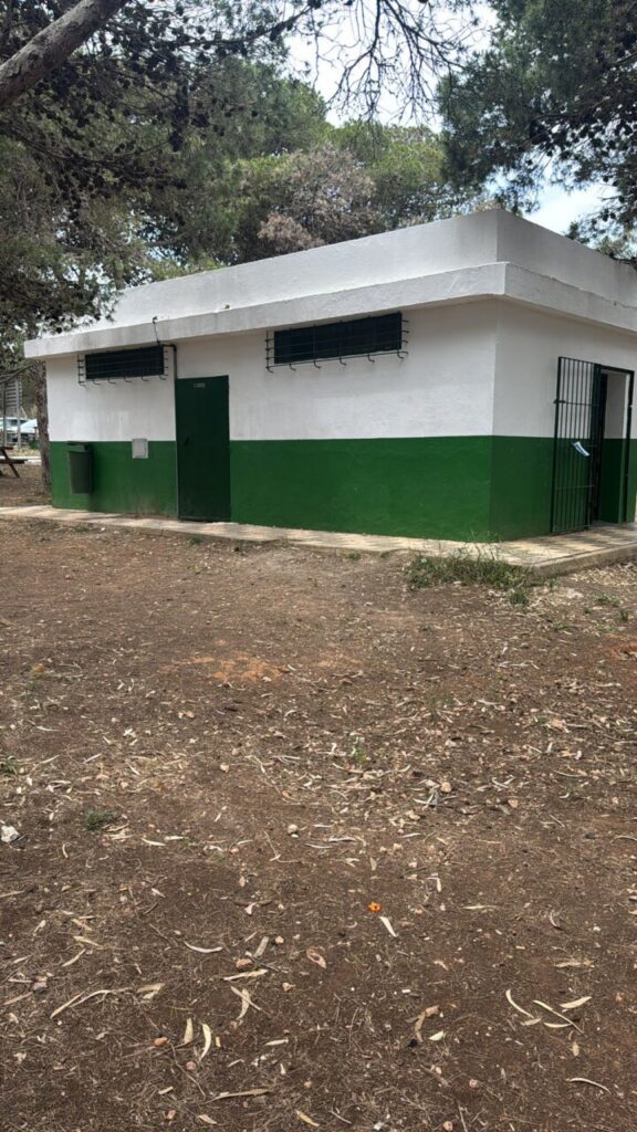 Small white utility building with a dark green door and barred windows, set against a park-like scene with a green lower wall.