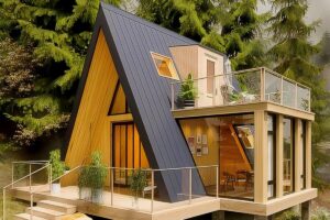 Casa prefabricada triangular de Amazon con diseño moderno y funcional.