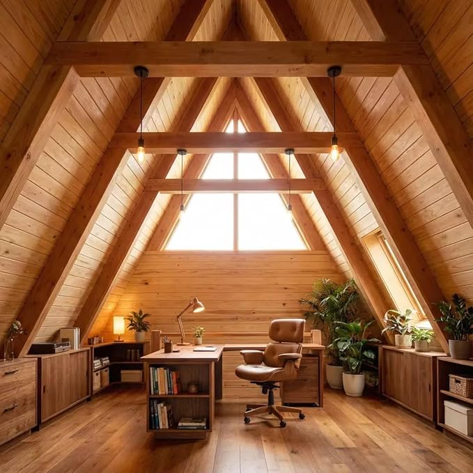 Interior de una casa prefabricada triangular con madera y luz natural