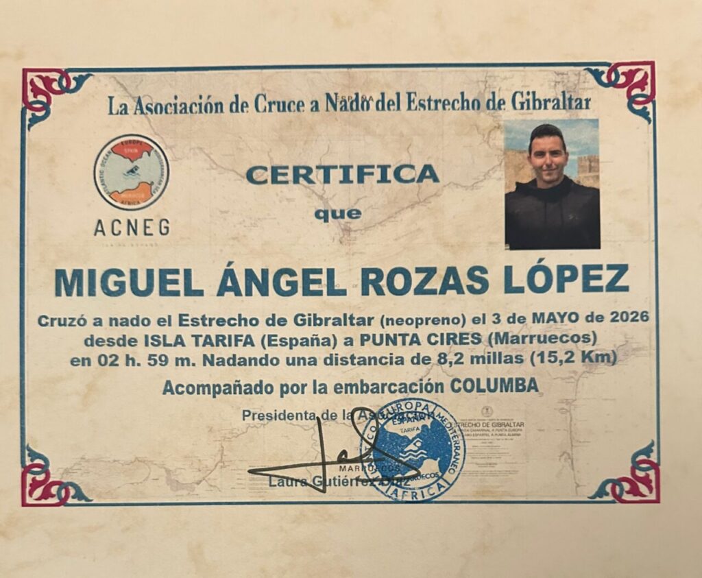 Certificado de cruce a nado del Estrecho de Gibraltar por Miguel Ángel Rozas