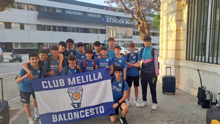 Group of Melilla Baloncesto junior players in blue uniforms posing with a banner outside Estación Marítima, luggage nearby.
