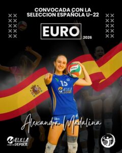 Alexandra Madalina en uniforme de voleibol con balón y bandera de España