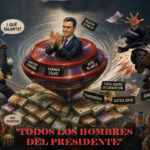 Ilustración sobre la corrupción política en España con personajes destacados.