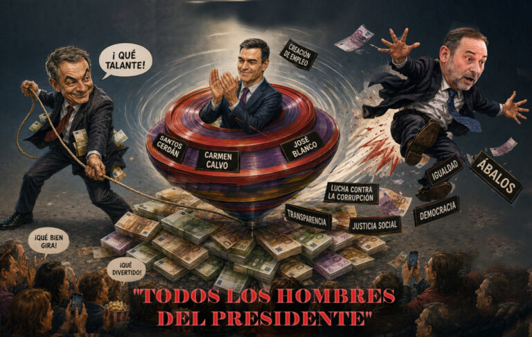 Ilustración sobre la corrupción política en España con personajes destacados.