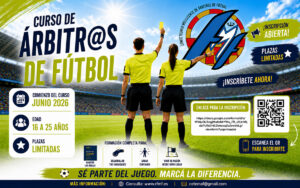 Cartel del curso de árbitros de fútbol para jóvenes de 16 a 25 años
