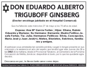 Esquela de Don Eduardo Alberto Triguboff Ginsberg, oncólogo jubilado