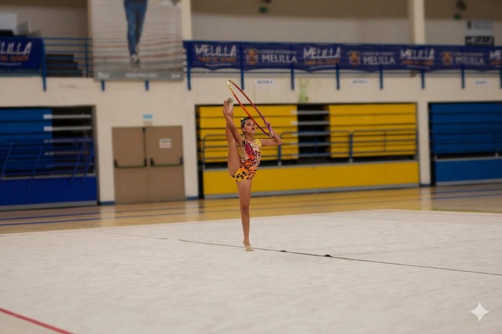 Joven gimnasta realizando una rutina con aro en el Campeonato Ciudad de Melilla