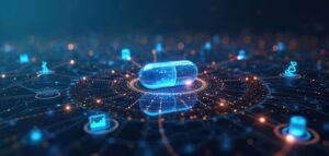 Píldora digital rodeada de iconos de tecnología médica