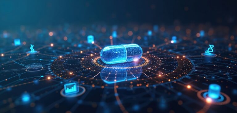 Píldora digital rodeada de iconos de tecnología médica