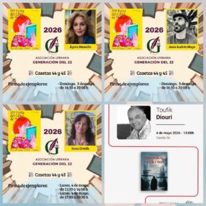 Quadrant top-left: yellow Málaga Book Fair poster with Ágata Mansilla portrait and 2026 event details (Casetas 44 y 45).