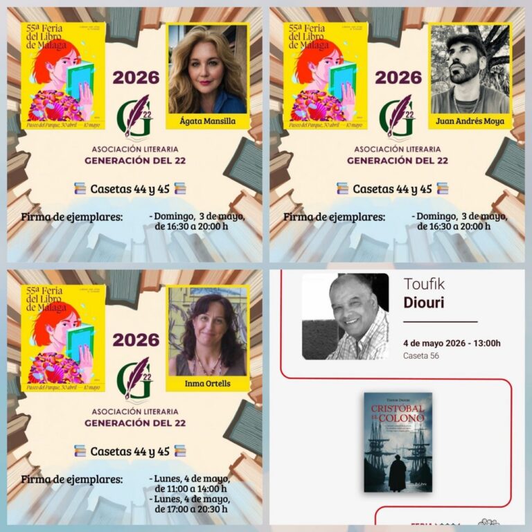 Quadrant top-left: yellow Málaga Book Fair poster with Ágata Mansilla portrait and 2026 event details (Casetas 44 y 45).