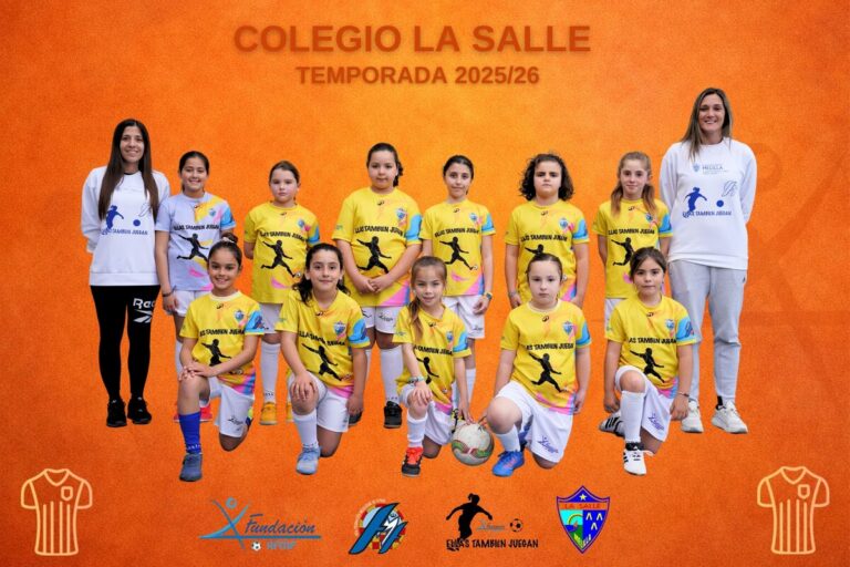 Youth soccer team posing in yellow jerseys with coaches, against an orange background displaying 'COLEGIO LA SALLE TEMPORADA 2025/26'.