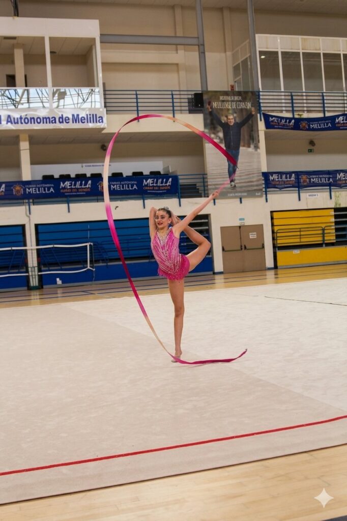 Gimnasta realizando una rutina con cinta en el Campeonato Ciudad de Melilla
