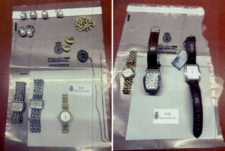 Joyas y relojes incautados por la Policía Nacional en un registro