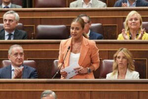 Mujer hablando en el parlamento español con otros miembros escuchando.