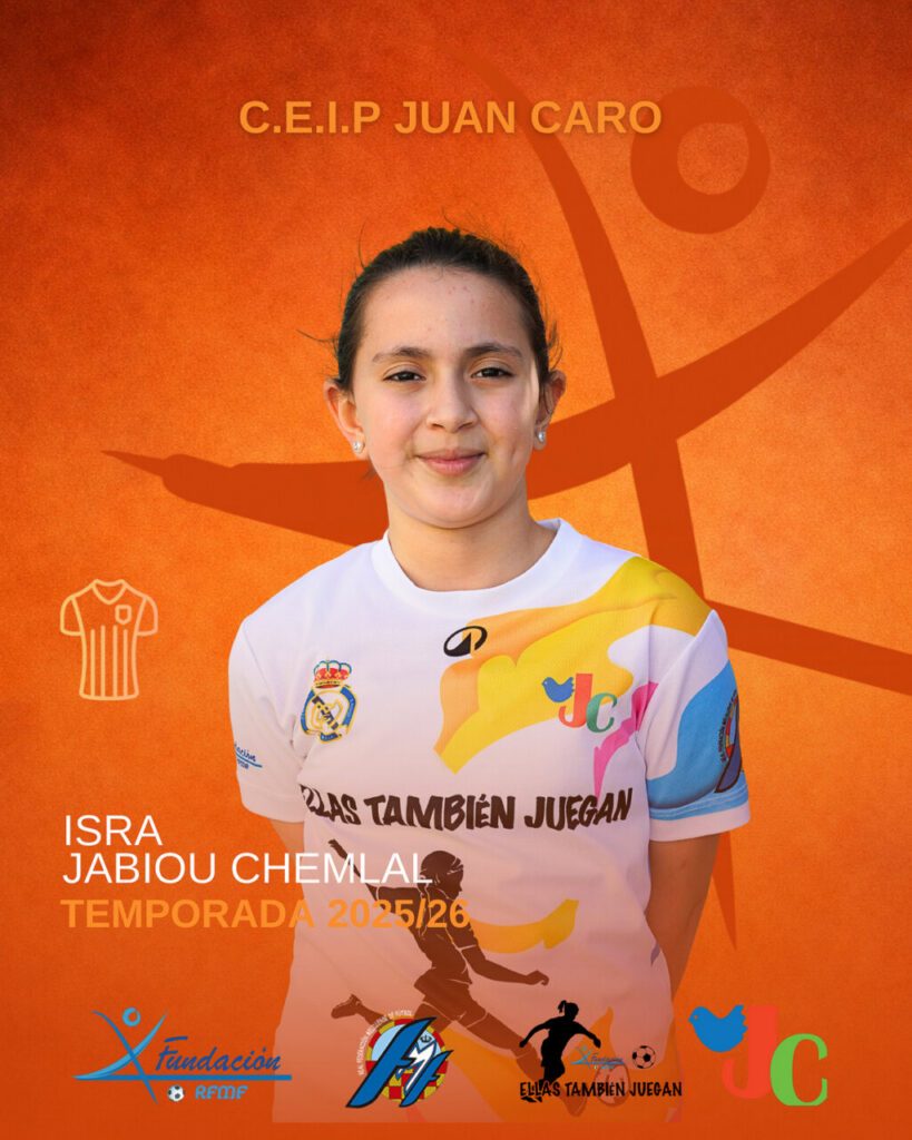 Portrait of Isra Jabiu Chemlal in a white team jersey on an orange background, announcing the 2025/26 season.