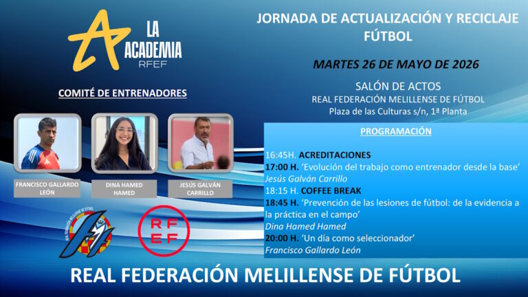 Cartel de jornada de actualización para entrenadores de fútbol en Melilla