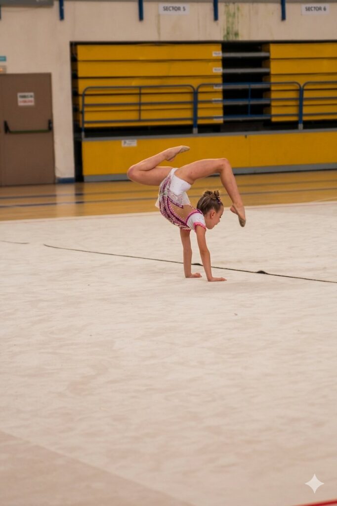 Young gymnast in a pink and white leotard balances on her hands in a handstand on a gym floor, with yellow bleachers in the background.