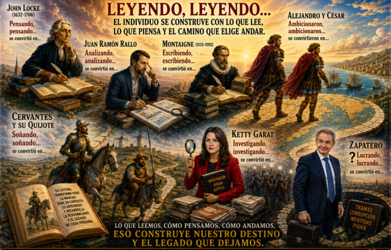 Ilustración de pensadores como Locke, Cervantes y Garat sobre la lectura y la educación.